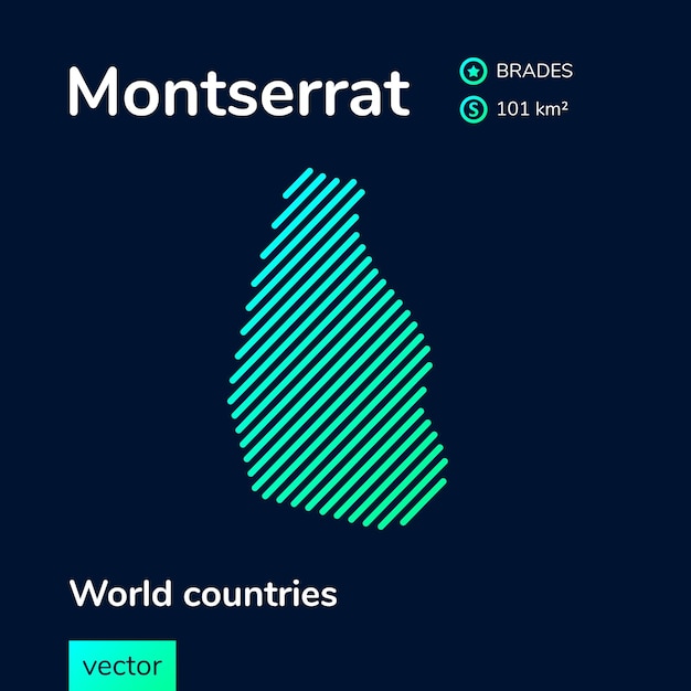 Векторная неоновая плоская карта Монтсеррата с зелено-бирюзовой полосатой текстурой на темно-синем фоне