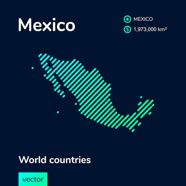 濃紺の背景に緑、ミント、ターコイズの縞模様のテクスチャとメキシコのベクトルネオンフラットマップ。