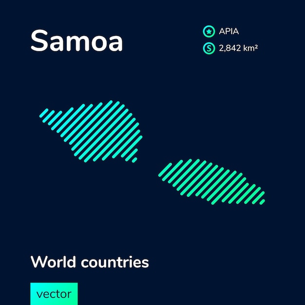 Векторная неоновая плоская карта самоа с зеленой мятно-бирюзовой полосатой текстурой на темно-синем фоне