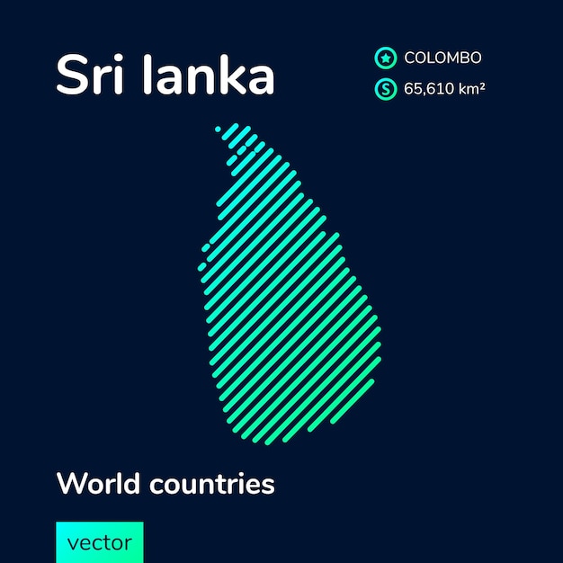 Vector neon flat map of Sri Lanka with green turquoise striped texture on dark blue background