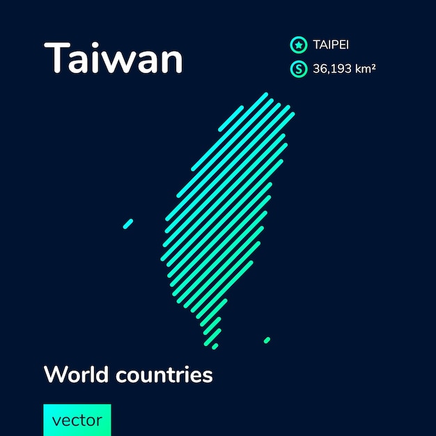 Векторная неоновая плоская карта Тайваня с зеленой мятно-бирюзовой полосатой текстурой на темно-синем фоне