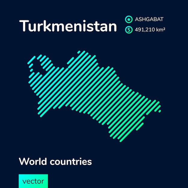 Vector neon flat map of Turkmenistan with green turquoise striped texture on dark blue background