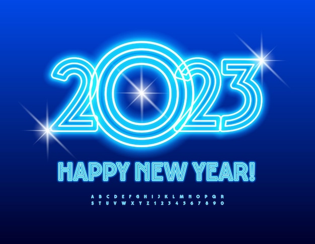 Vector neon greeting card Happy New Year 2023! Blue electric Font. Light tube maze Alphabet Letters