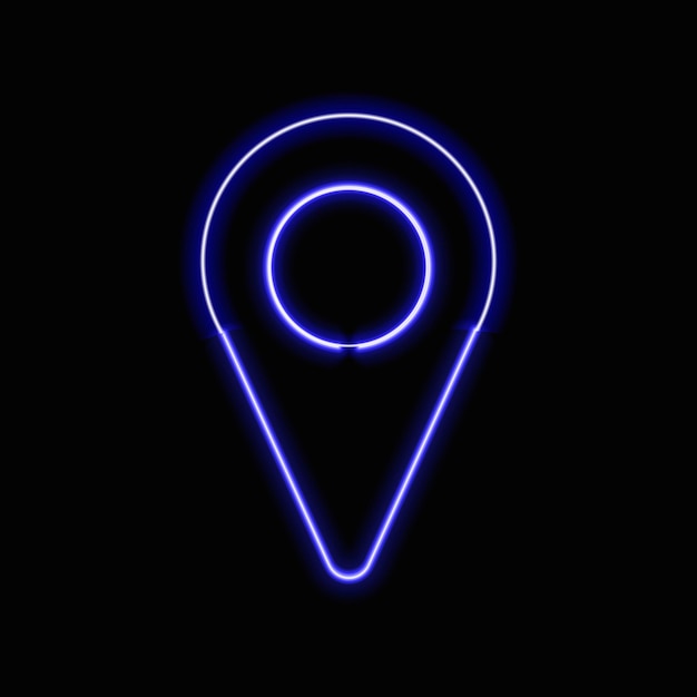 Vector neon pin sign, location icon, blue color, illustration isolated on black background.