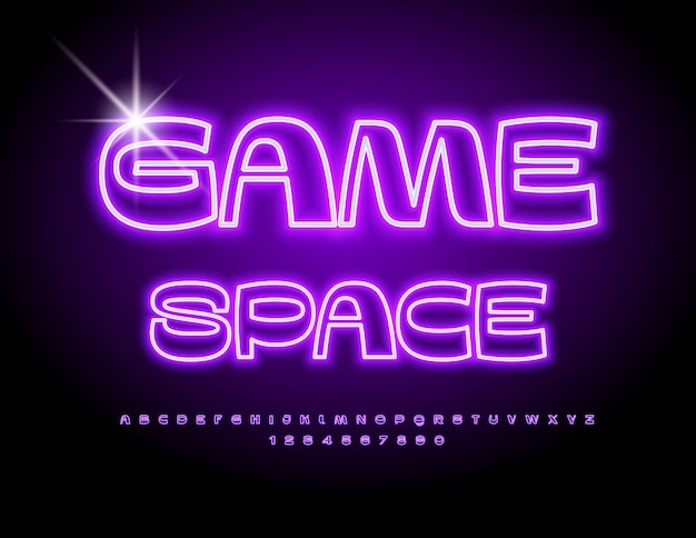 Vector neon poster Game Space Glowing Violet Font Stylish Alphabet Letters and Numbers set