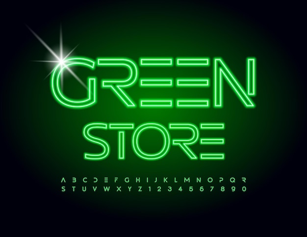 Векторный неоновый плакат green store. уникальный электрический шрифт. буквы и цифры футуристического зеленого алфавита