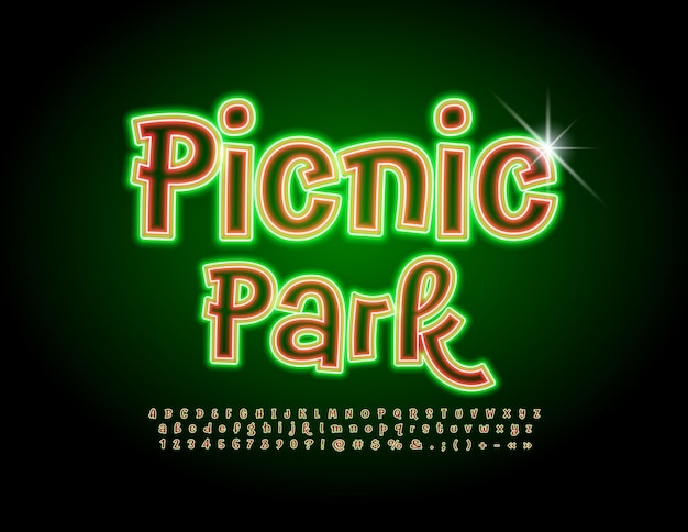 Vector neon poster Picnic Park. Bright Glowing Font. Modern handwritten Alphabet Letters and Numbers