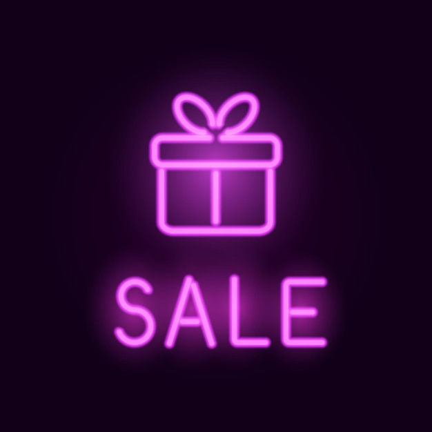 Vector neon sale card with glowing pink gift box