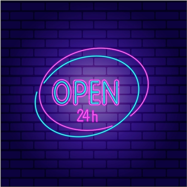 Vector neon sign  open around the clock colorful sign isolated on a brick wall