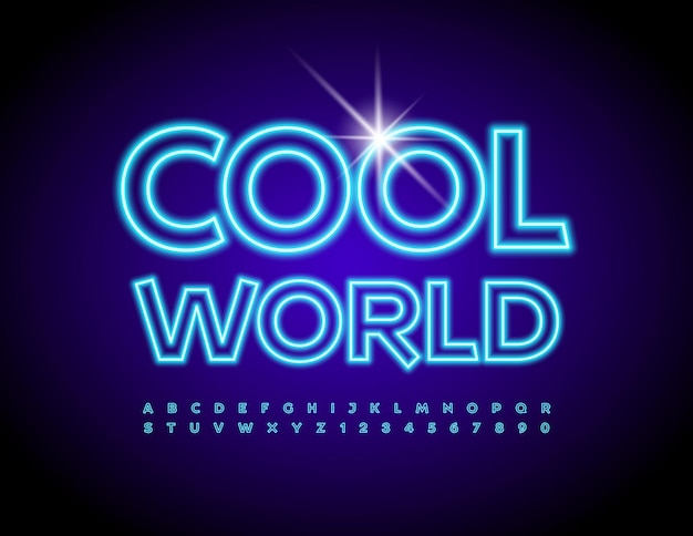 Modello al neon vettoriale cool world blue incandescente font luce elettrica alfabeto lettere e numeri impostati