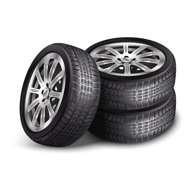 vector new car tires, wheels with alloy rims. Isolated on white background.