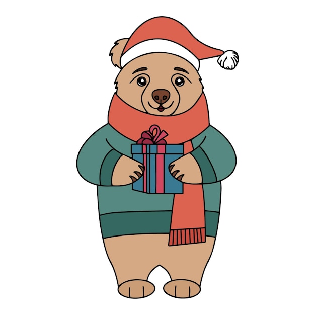 Vector new year card a cute bear in a new years sweater with a gift in its paws christmas card