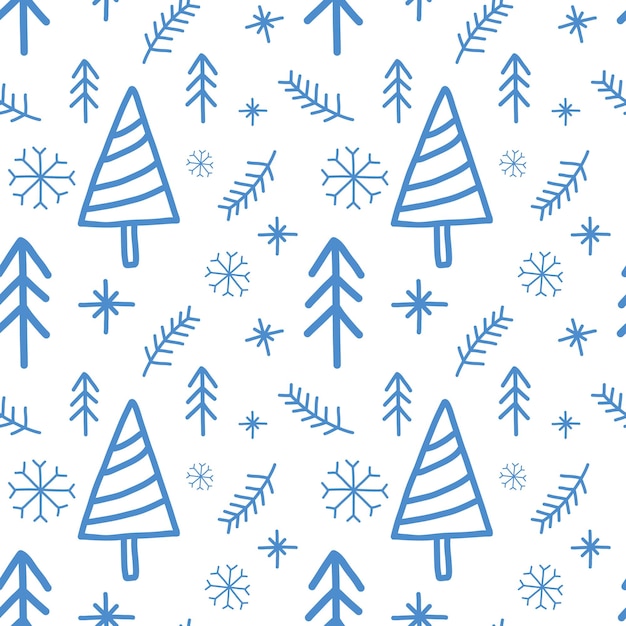 Vector new year, christmas seamless pattern on white background. blue doodle winter design. xmas repeat print. snowflake, fir tree ornament.