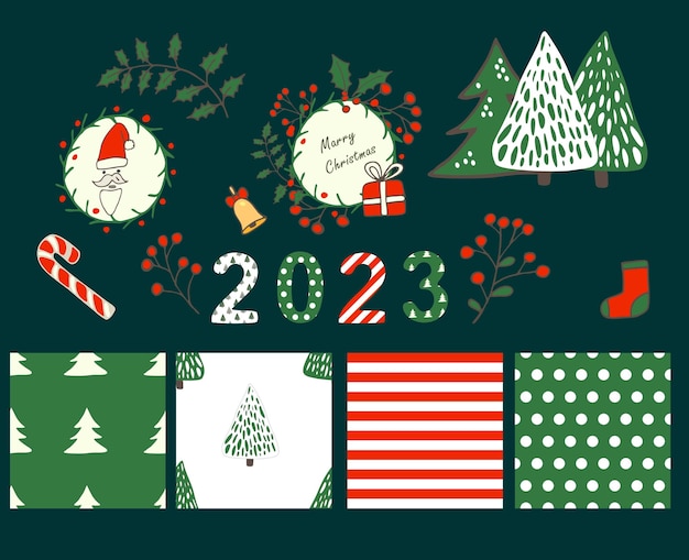 Vector New Year's set Wreath of leaves and berries simple traditional patterns Christmas trees 2023