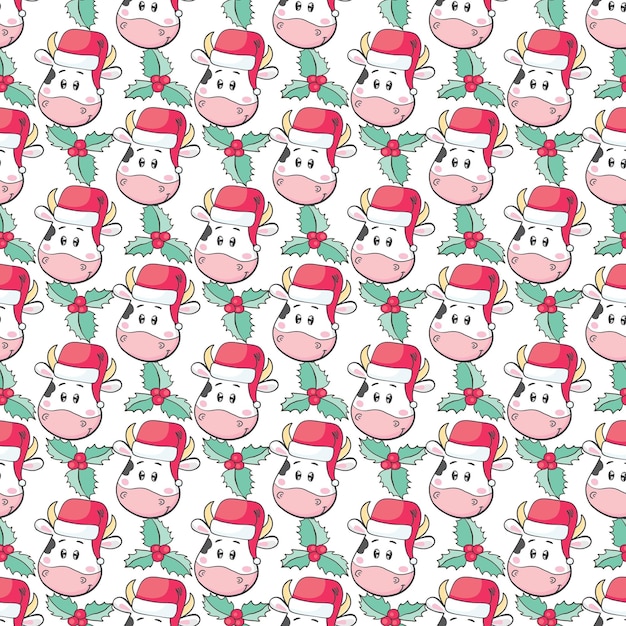 Vector vector of new year seamless pattern with cute cartoon bull cow wearing
