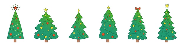 Векторный новогодний набор с елками Вечнозеленые деревья с шариками, звездами и гирляндами Градиентные елки на Рождество