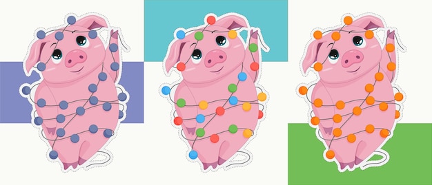 Вектор Векторный новогодний набор милых свиней в рождественской гирлянде с красочными огнями