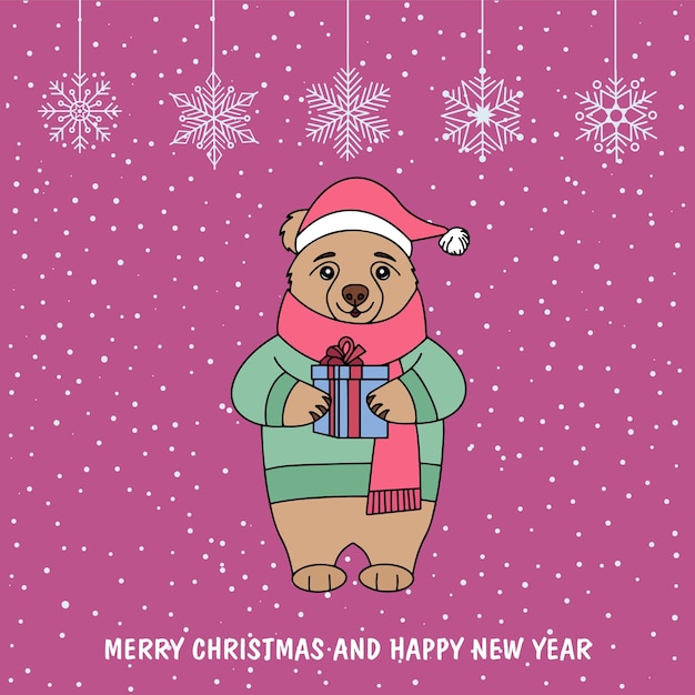 Vector Nieuwjaarskaart Een schattige beer in een Nieuwjaars39s trui met een cadeau in zijn poten Kerstkaart