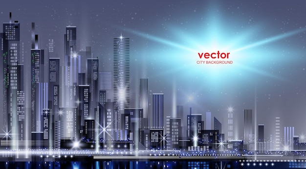 Вектор Векторная иллюстрация ночного города с неоновым свечением и яркими цветами