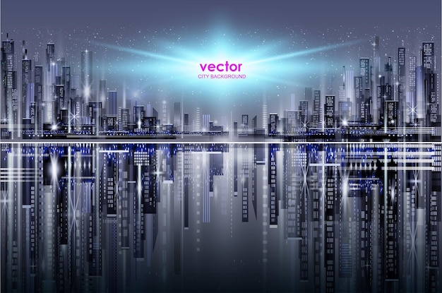 Vector vector night city illustration with neon glow and vivid colors