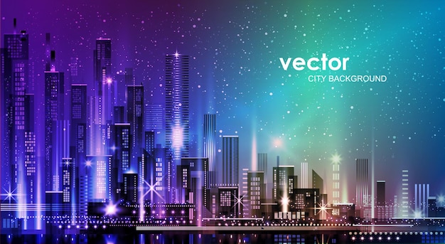 Vector night city illustration with neon glow and vivid colors