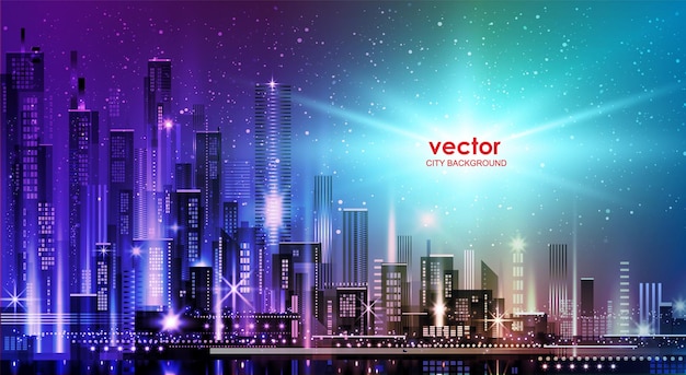 Vector vector night city illustration with neon glow and vivid colors