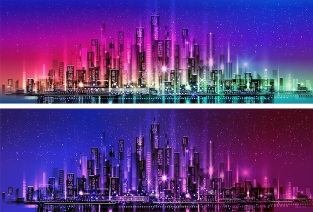 Vector vector night city illustration with neon glow and vivid colors