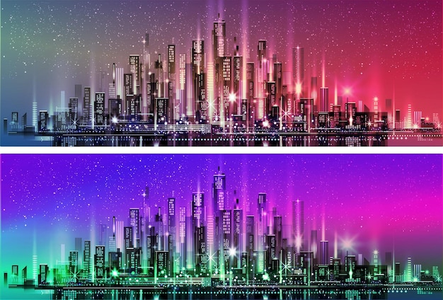 Vector night city illustration with neon glow and vivid colors