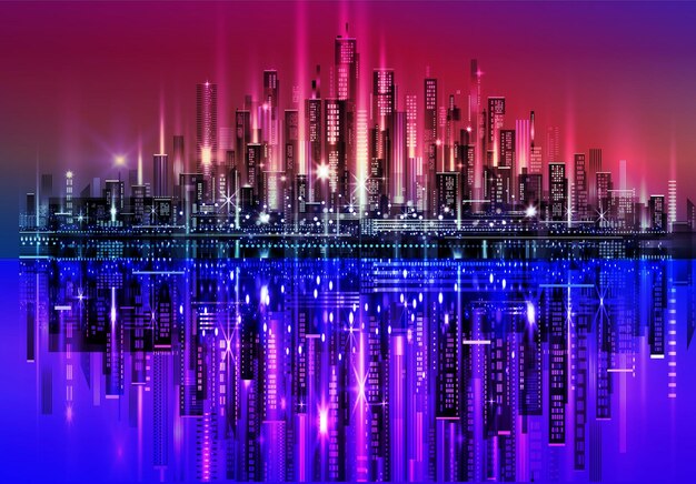 Vector vector night city illustration with neon glow and vivid colors