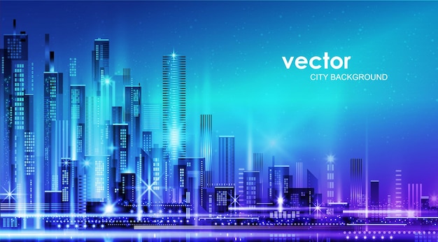 Vector night city illustration with neon glow and vivid colors