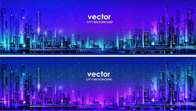 Vector night city illustration with neon glow and vivid colors