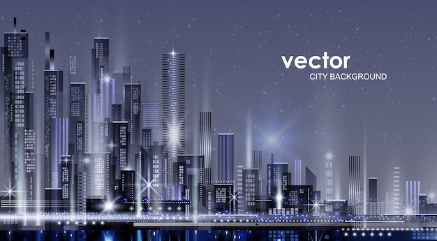 Vector night city illustration with neon glow and vivid colors