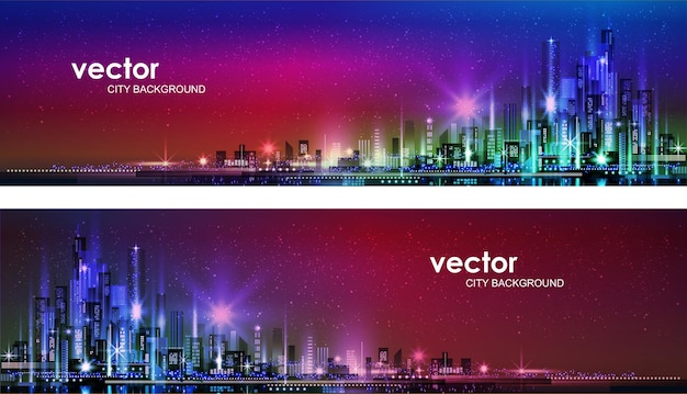 Vector vector night city illustration with neon glow and vivid colors
