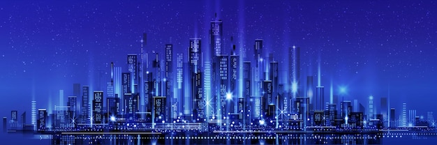 Vector night city illustration with neon glow and vivid colors