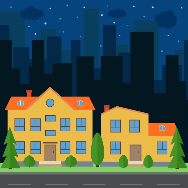 Vector night city with cartoon houses and buildings. City space with road on flat style background concept. Summer urban landscape. Street view with cityscape on a background