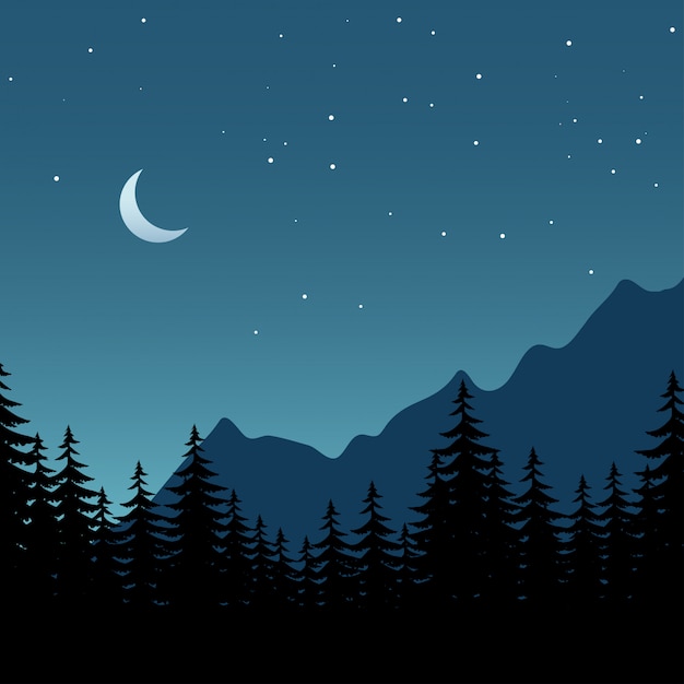 Vector l'illustrazione di notte della foresta con la luna e le stelle cescent