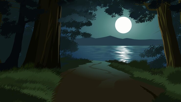 Vector vector night illustration of forest with footpath
