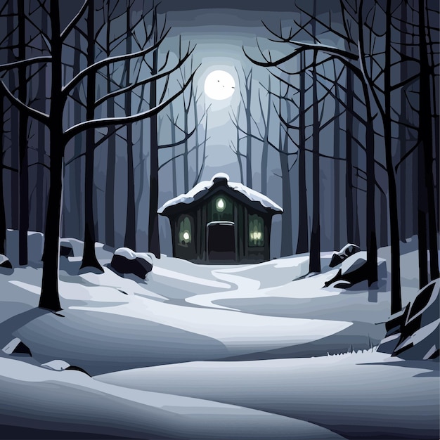 Vector night winter landscape with house and dark forest background vector illustration of a hut