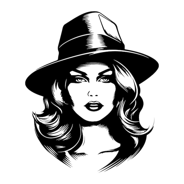 Vector noir film dame silhouet Criminele meisje illustratie Retro vrouwelijk portret Oude school maffia