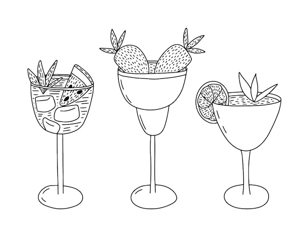 Vector non alcohol cocktails set Summer long drinks sketches set