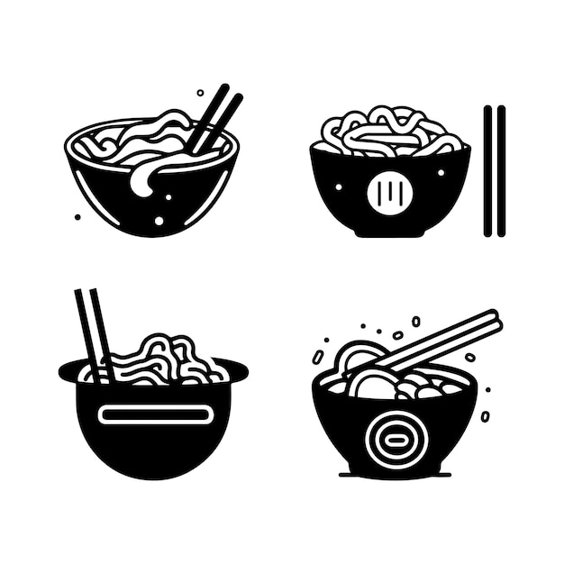 Vector noodle bowl ramen icon logo zwart-wit afbeelding set