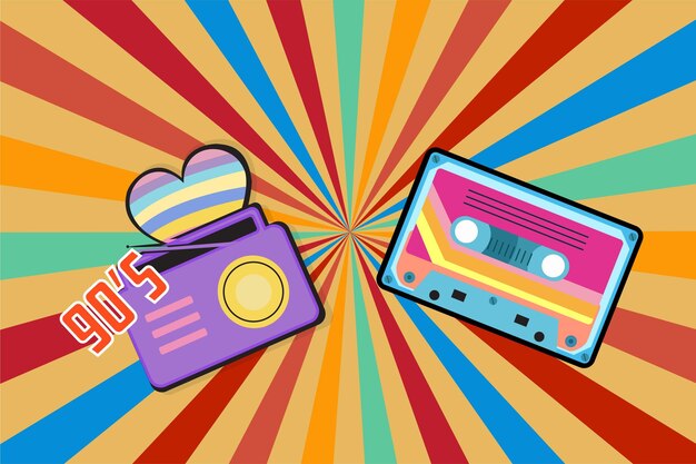 Vector nostalgische retro cassetteband uit de jaren 90, boombox, cassettespeler, bandrecorder