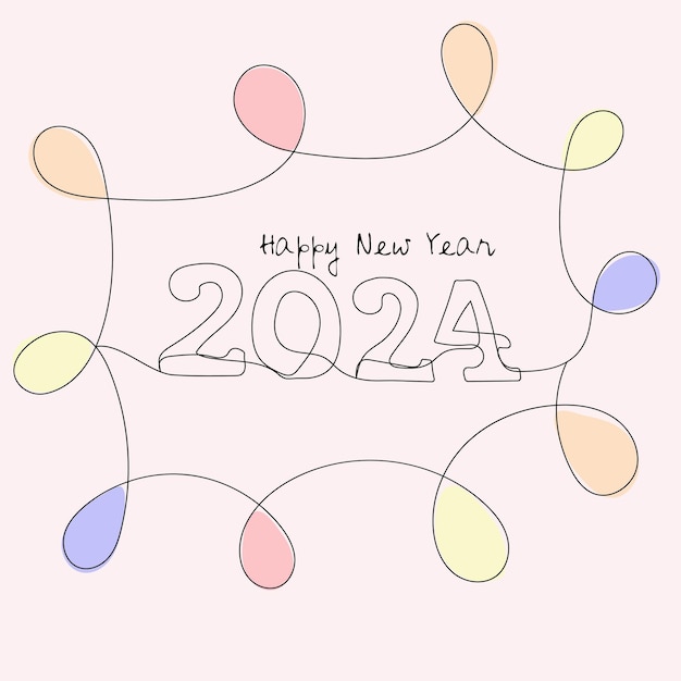 Vector number 2024 hand drawn with one continuous line art and happy new year greeting card style