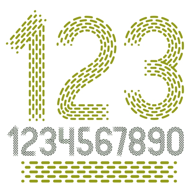 Векторные числа, набор современных цифр. Округлая жирная ретро-нумерация от 0 до 9 может быть использована для создания логотипа, нажмите. Выполнен с использованием ритмичных штрихов и пунктирных линий.
