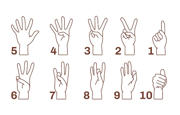 Vector vector numbers in sign language one to ten outline