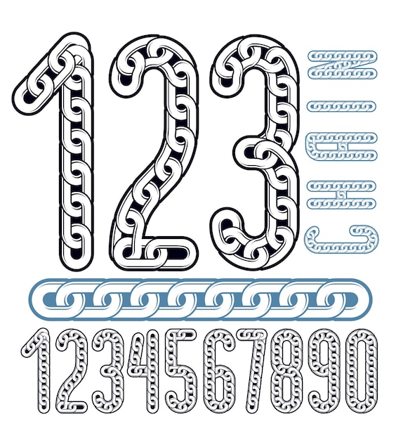 Vector numerals collection. Funky numbers for use as poster design elements. Made with steel chain link, joined link.