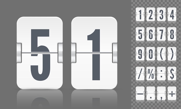 Vector numeric template for time design. set of flip scoreboard with numbers symbols and reflections for white countdown timer or alarm watch on dark background.