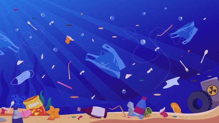 Vector vector ocean pollution with plastic garbage and radiation waste