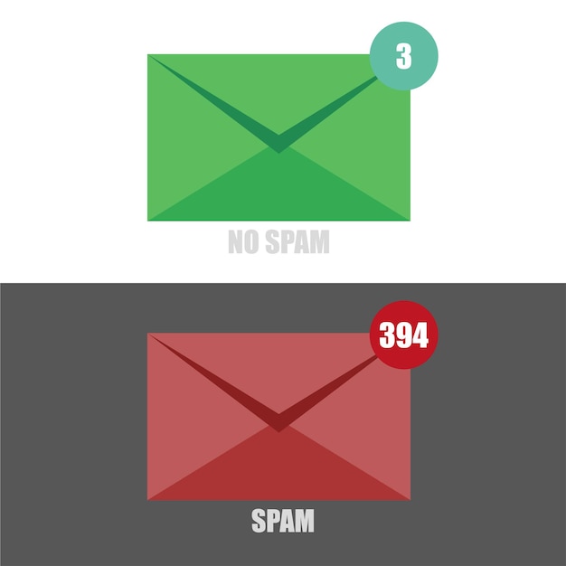 Вектор электронного спама без спама с красным и зеленым конвертом на черно-белом фоне