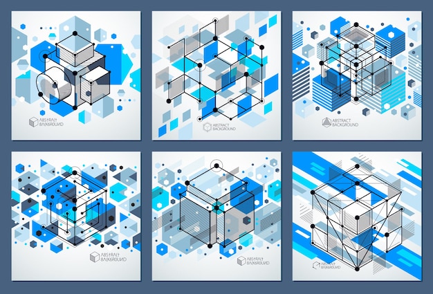 ベクトル 現代の抽象的な立方格子線のベクトル青い背景セット。立方体、六角形、正方形、長方形、およびさまざまな抽象要素のレイアウト。抽象的な技術的な3d背景。